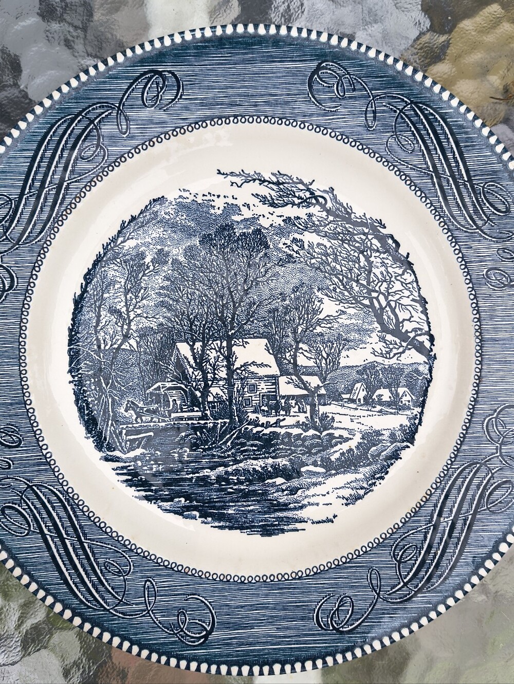 Blue Scenic Ceramic Dinner Plate with Countryside Motif